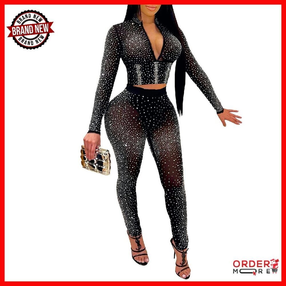 Sparkly Rhinestone Mesh Jumpsuit Stretchy Bodycon Party Club Night